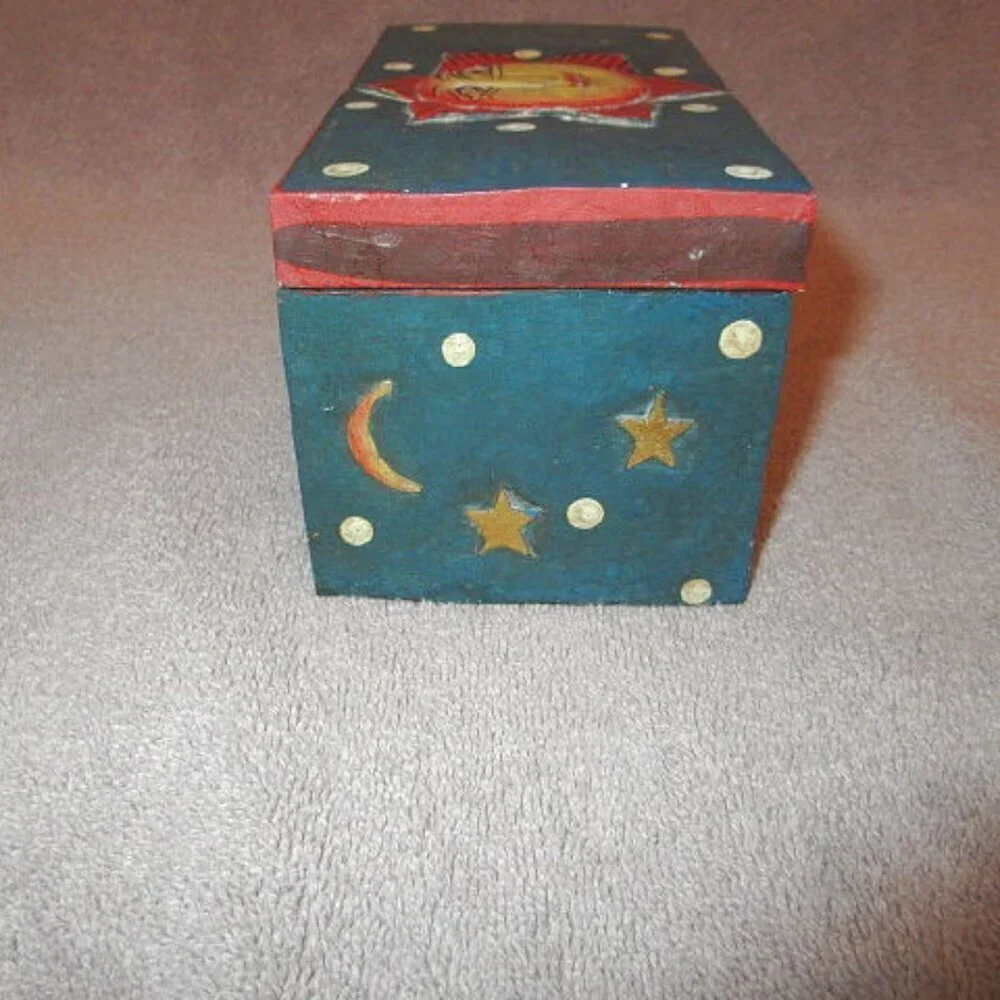 Vtg Celestial Moon & Sun Wood Stash Box 3D Astral Stars Cosmic Painted Lunar 70s